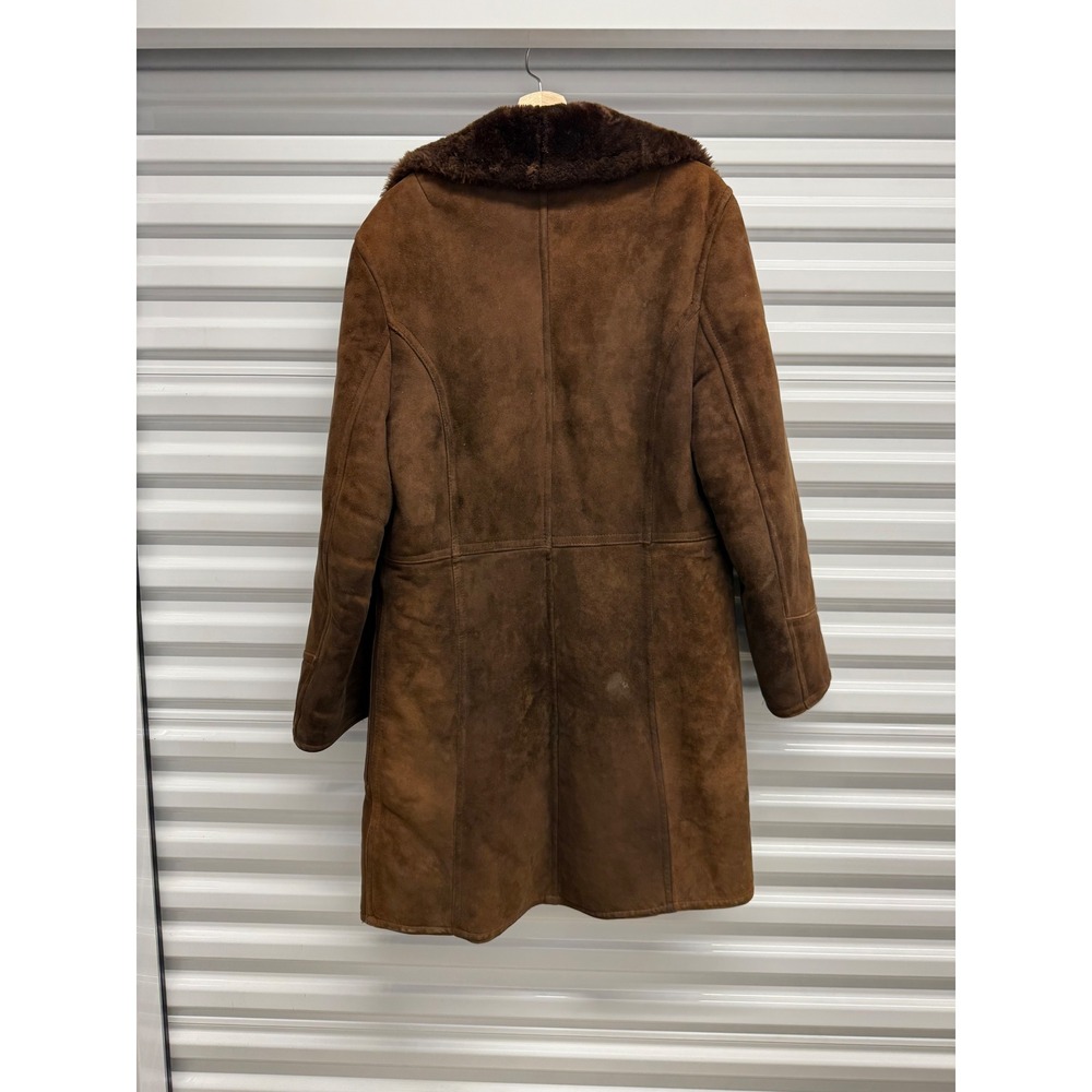 Vintage Brown Shearling Sheepskin Coat Double Breasted Faux Fur Collar Size 50 - Picture 5 of 7